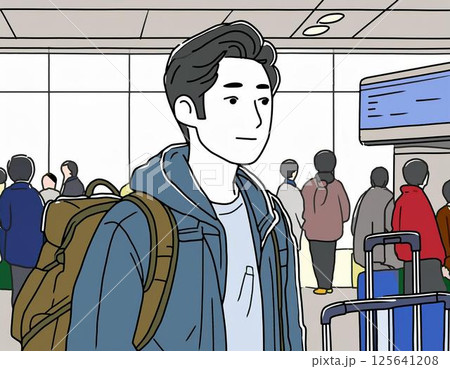 空港の搭乗口で並んで待っている男性 125641208