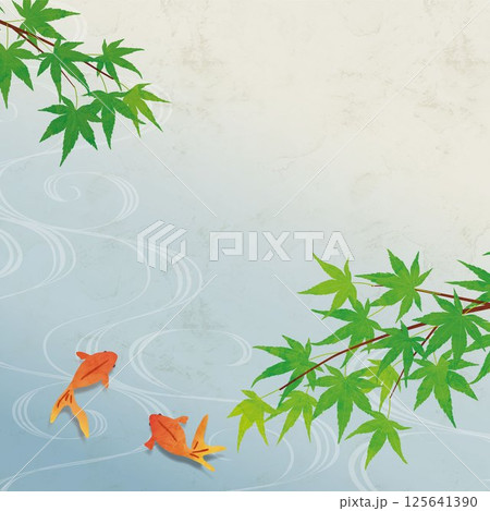 夏の背景水彩風イラスト、金魚とモミジの清流風景 125641390