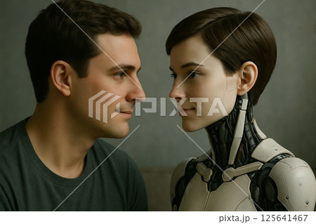 人間と見つめ合うAI（ショートカット・信頼感・メカニカル） 125641467