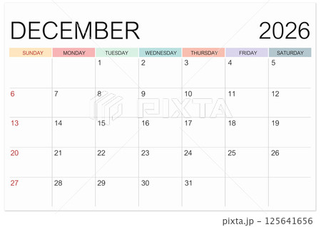 Calendar December 2026 page isolated on white background, Save clipping path. Calendar December 2026 page isolated on white background, Save clipping path. 125641656