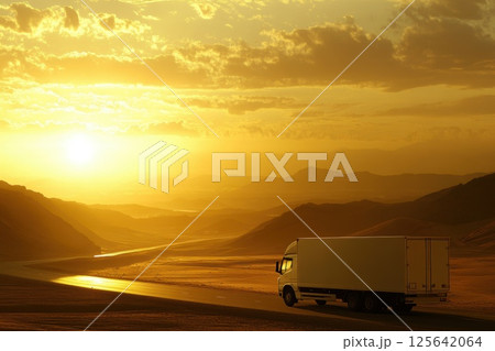 Freight Truck Driving Through Scenic Landscape at Sunset with Golden Horizon Freight Truck Driving Through Scenic Landscape at Sunset with Golden Horizon 125642064