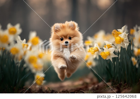 Chunky Pomeranian puppy prances joyfully through a vibrant field of blooming flowers Chunky Pomeranian puppy prances joyfully through a vibrant field of blooming flowers 125642068