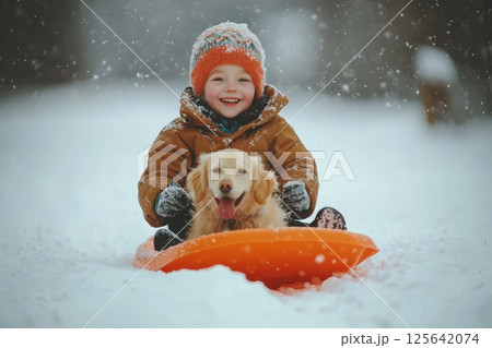 Adorable Child with Dog Enjoying a Joyful Sleigh Ride in a Winter Wonderland, Surrounded by Snowy Scenery, Capturing the Essence of Winter Fun and Friendship 125642074
