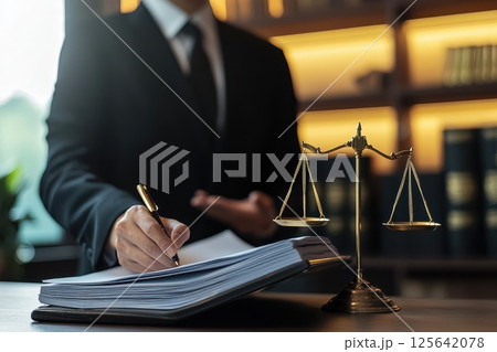 Lawyer in Modern Minimalist Office Reviewing Legal Documents with Scales of Justice 125642078