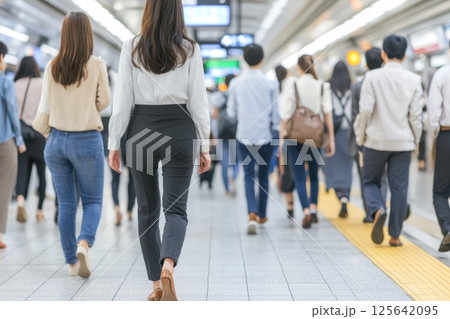 A woman in a white shirt and black pants walks down a crowded subway platform 125642095