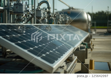 A solar panel is on top of a cement slab 125642097