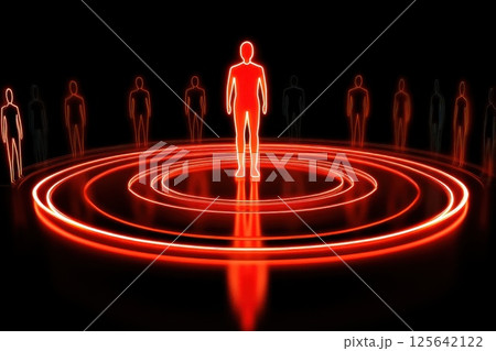 Neon Figure Standing on Podium Surrounded by Bright Circles of Light in Darkness Neon Figure Standing on Podium Surrounded by Bright Circles of Light in Darkness 125642122