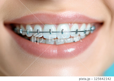 A woman with braces on her teeth is smiling A woman with braces on her teeth is smiling 125642142
