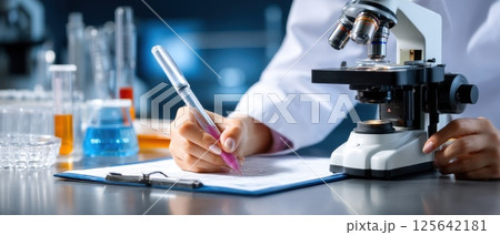 Researcher Working on Clinical Trial Data with Microscope in Laboratory Environment Researcher Working on Clinical Trial Data with Microscope in Laboratory Environment 125642181