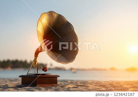 Vintage Waterproof Speaker Gadget on the Beach with Sunset in the Background Vintage Waterproof Speaker Gadget on the Beach with Sunset in the Background 125642187