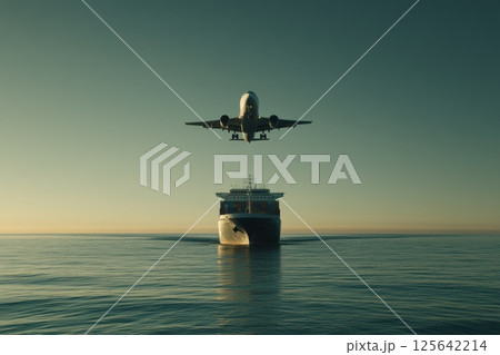 Airplane in Flight Above Large Ship on Calm Ocean Water at Sunset Horizon 125642214