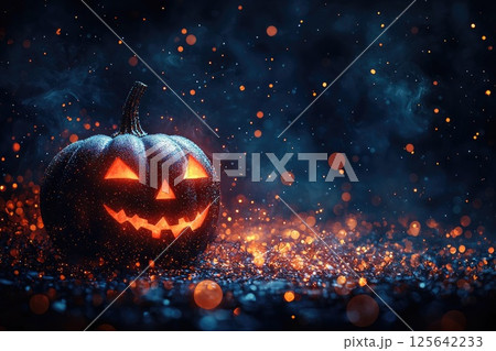 A pumpkin with a scary face is on a dark background with smoke and sparks in the background 125642233