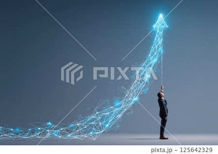 Business Person in Futuristic Setting Reaching for Clean Growth with Digital Arrow Visualization 125642329