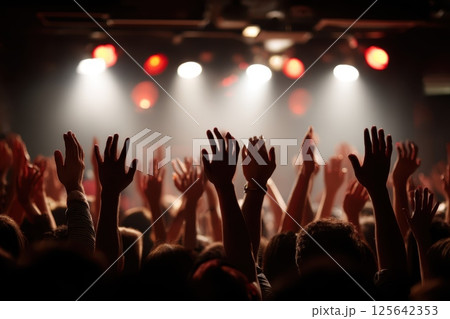Energetic Audience with Hands Raised in a Dimly Lit Venue During a Live Event Performance 125642353