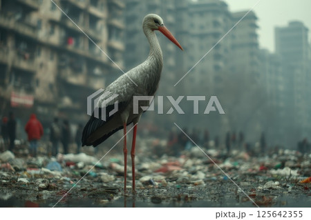 Stork Standing in Polluted Marsh Amidst Urban Debris and Trash in Overcast Conditions 125642355