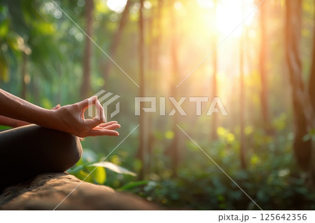 Close Up of Hands Resting on Knees in Lotus Position Surrounded by Nature's Serenity 125642356
