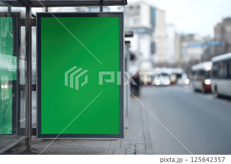 Empty Bus Stop Showcase Mockup for Photography with Green Display Area for Advertising Content 125642357