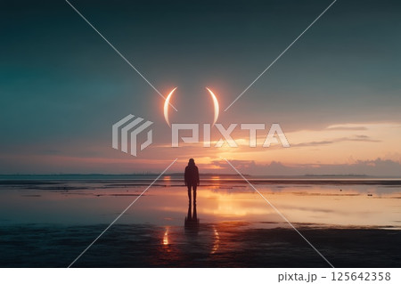 Astronaut Standing Alone on Glowing Crystalline Landscape Under Stunning Celestial Sky 125642358