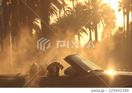 Dog Relaxing in a Convertible Under a Shimmering Summer Sun with Palm Trees in the Background Dog Relaxing in a Convertible Under a Shimmering Summer Sun with Palm Trees in the Background 125642380