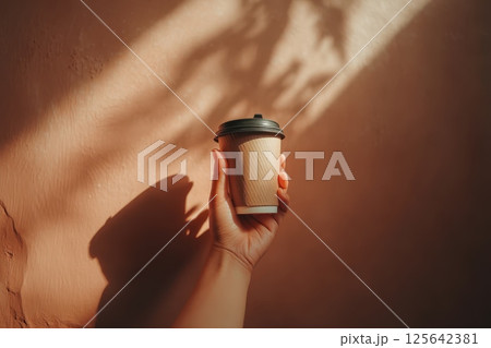 Hand Holding Coffee Cup with Lid at Chest Level, Soft Natural Light and Shadow Play Hand Holding Coffee Cup with Lid at Chest Level, Soft Natural Light and Shadow Play 125642381