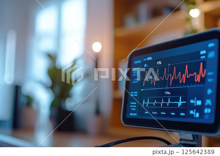 A monitor displays a graph of a person's heart rate A monitor displays a graph of a person's heart rate 125642389