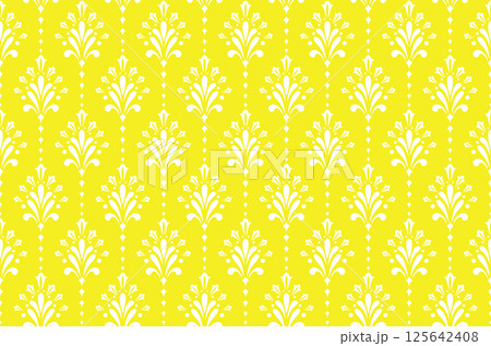 Flower geometric pattern. Seamless vector background. White and yellow ornament. Ornament for fabric, wallpaper, packaging. Decorative print 125642408