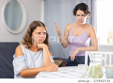 Young female LGBT couple quarreling at home Young female LGBT couple quarreling at home 125642516
