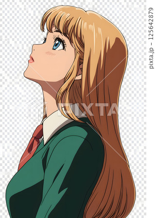 横顔を見上げる制服を着た日本人少女のイラスト。繊細な線画とやわらかな色合いが魅力 125642879