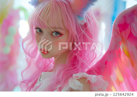 パステルカラーに包まれた美少女の幻想的で甘くポップなポートレート 125642924