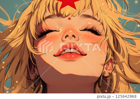 星を額につけた金髪の少女の幻想的なイラスト。夢見るような表情 125642968