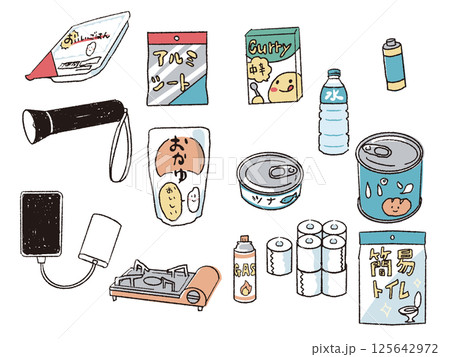 ペンで描いた風災害備蓄品セット 125642972