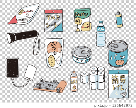 ペンで描いた風災害備蓄品セット 125642972