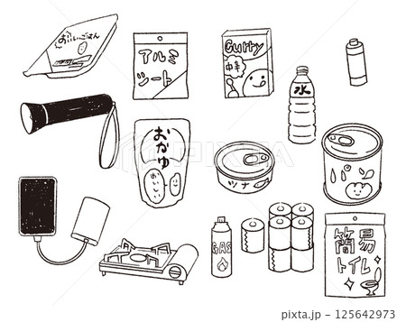 ペンで描いた風災害備蓄品セット白黒 125642973