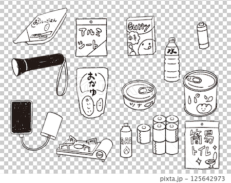 ペンで描いた風災害備蓄品セット白黒 125642973