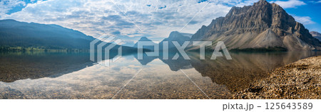 Low angle panoramic view of the shoreline of Bow Lake in western Alberta, Canada and part of Banff National Park. Low angle panoramic view of the shoreline of Bow Lake in western Alberta, Canada and part of Banff National Park. 125643589
