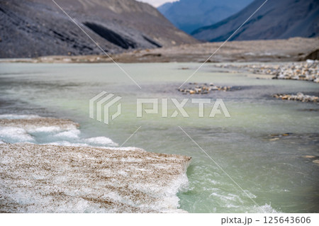 Lower edge of the Athabasca Glacier in Jasper National Park where meltwater flows off the ice Lower edge of the Athabasca Glacier in Jasper National Park where meltwater flows off the ice 125643606