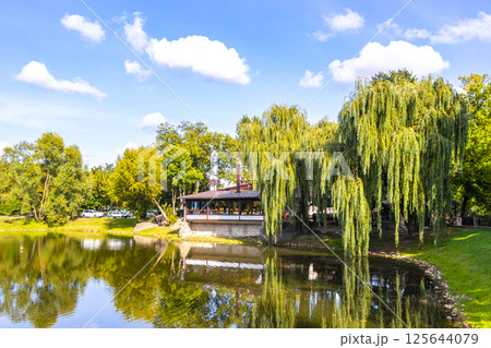 Brest City Park Belarus green nature river lake pond bridge. 125644079