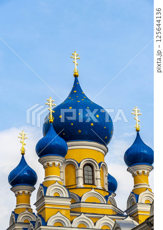 Blue onion dome golden cross Saint Nicholas church Brest Belarus. Blue onion dome golden cross Saint Nicholas church Brest Belarus. 125644136