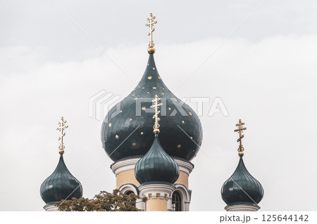 Blue onion dome golden cross Saint Nicholas church Brest Belarus. Blue onion dome golden cross Saint Nicholas church Brest Belarus. 125644142