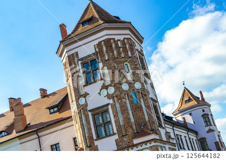 Mir Castle majestic fortification fortress Park monument tower dome Belarus. 125644182