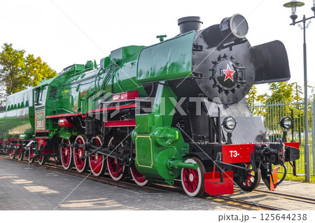 Green classic vintage retro train trains steam locomotive locomotives Belarus. Green classic vintage retro train trains steam locomotive locomotives Belarus. 125644238