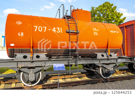 Red orange vintage retro train trains steam locomotive locomotives Belarus. 125644253
