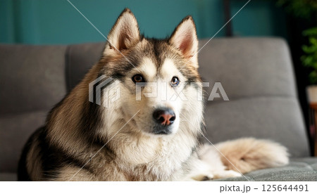 siberian husky dog portrait, a sleeping Siberian Husky dog resting peacefully on a cozy sofa, relaxed and adorable moment in a home environment siberian husky dog portrait, a sleeping Siberian Husky dog resting peacefully on a cozy sofa, relaxed and adorable moment in a home environment 125644491