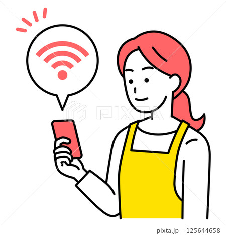 Wi-Fi-に繋がっているスマートフォンを持つエプロン姿の女性 Wi-Fi-に繋がっているスマートフォンを持つエプロン姿の女性 125644658