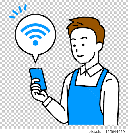 一名男子身穿圍裙，手裡拿著一部已連接 Wi-Fi 的智慧型手機 125644659
