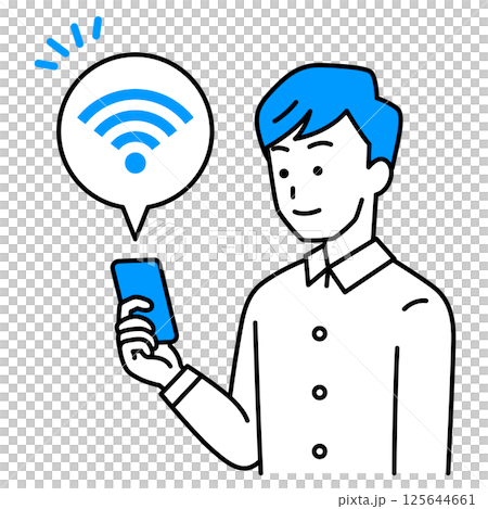 Casual man holding smartphone connected to Wi-Fi Casual man holding smartphone connected to Wi-Fi 125644661