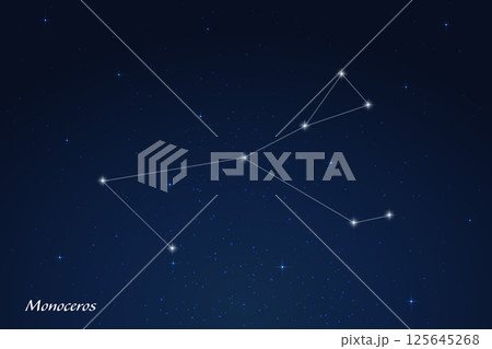 Monoceros Constellation with Star Names in Night Sky Monoceros Constellation with Star Names in Night Sky 125645268