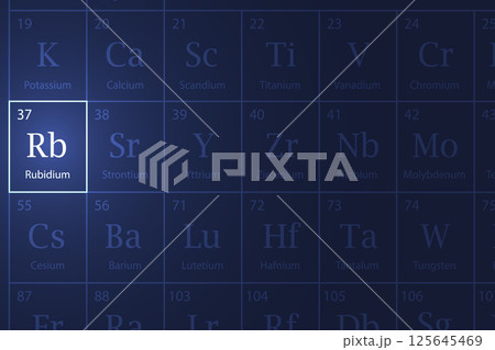 Rubidium element glowing in a dark periodic table Rubidium element glowing in a dark periodic table 125645469