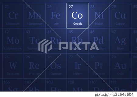 Cobalt element glowing in a dark periodic table Cobalt element glowing in a dark periodic table 125645604