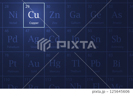 Copper element glowing in a dark periodic table Copper element glowing in a dark periodic table 125645606